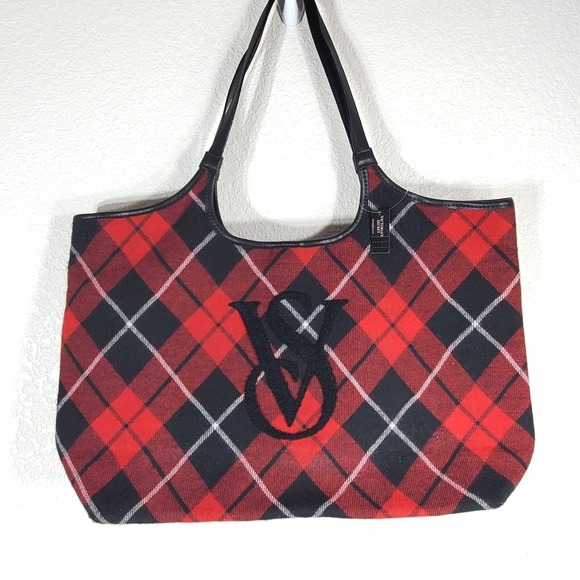 Victoria's Secret Handbags - Victorias Secret Red & Black Tartan Plaid Tote Bag VS Logo Hobo 19.5" x 12"